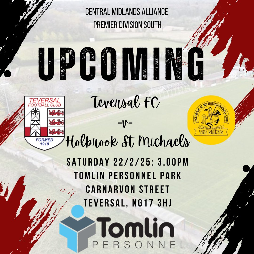 This Saturday come and support the first team as we take on <a href="/HolbrookSM_/">Holbrook St. Michaels</a>
🏟️ <a href="/TomlinPersonnel/">TomlinPersonnel</a> Park
🎟️ Adults £4 Kids/Concessions £2
🎫 U’16 free with a paying adult
🧣 Programmes/Badges/Scarfs
🍔 Tevie Tea Room
🍺 <a href="/Tevie_bar/">Tevie_bar</a> Open
#NonLeague #Groundhopping #teversal
#upthetevie