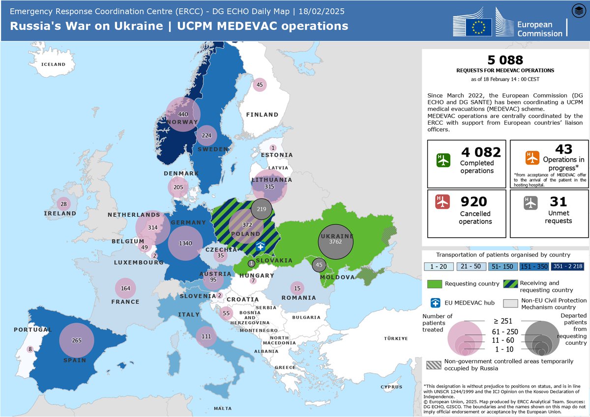🗺️Mapped: Russia’s war on Ukraine | Medical evacuations via the #EUCivilProtection Mechanism.

More than 4,000 Ukrainian patients in need of urgent care have been transferred to hospitals across Europe, ensuring they receive the treatment they need.

#EUSolidarity
