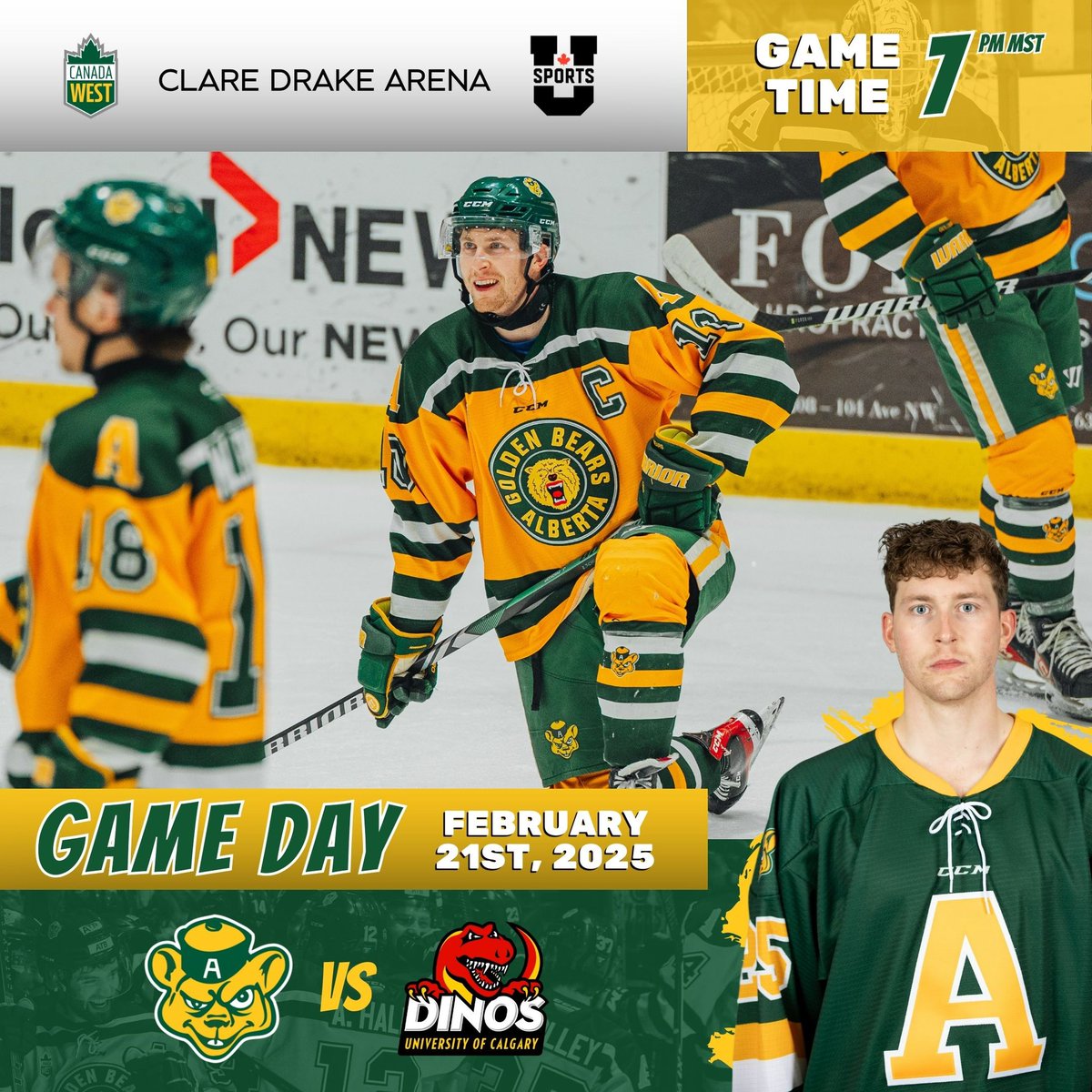 GBHKY's tweet photo. 🚨 PLAYOFFS HAVE ARRIVED 🚨

This Friday, February 21st, the Golden Bears head into the playoffs against @DinosMHKY 🏒 The Bears are ready to kick-off the Canada West Quarter-Finals with puck drop at 7PM MST! 

Get your tickets at https://t.co/RxdBNx28VX🐻

#GreenAndGold https://t.co/fjt9Ks8ybc