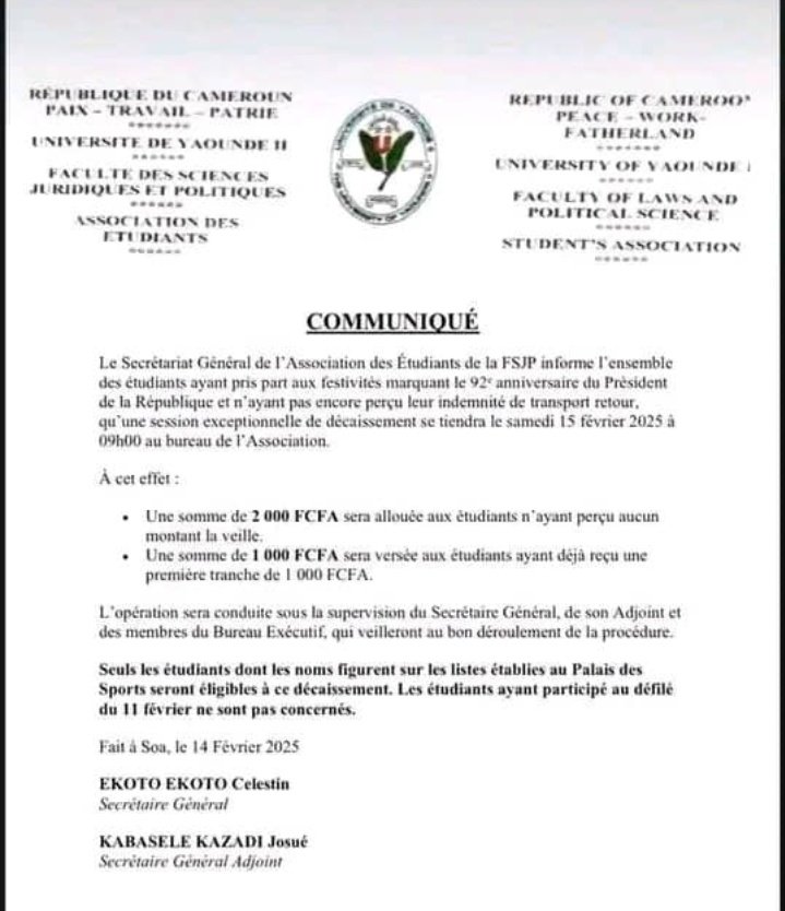 Voici donc ces "étudiants" qui, pour 2000 FCFA, ont vendu leur âme en s'engageant,  en mondovision sur <a href="/CRTV_web/">CRTVweb</a>, à se cotiser pour cautionner que l'On puisse ajouter à 42 ANS DE VIDE, 7 ANNÉES DE GROTESQUE ! Cette aliénation choque, car la misère ne saurait tout justifier !