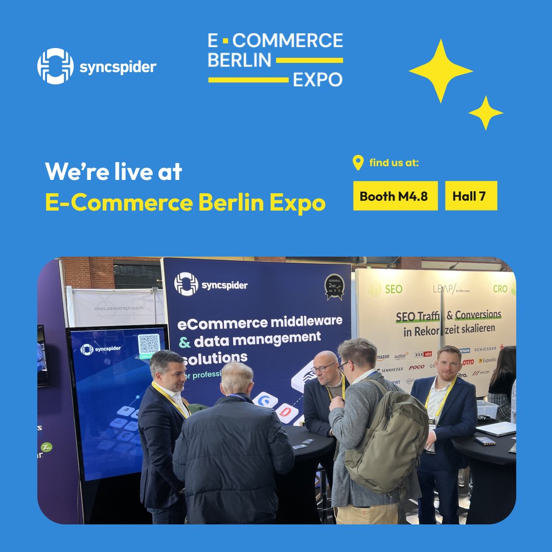 🚀 We’re live at #eCommerceBerlinExpo – Hall 7, Booth M4.8!

🎁 Get our exclusive freebie: The Future of Business Automation is Here! Let’s talk automation.
vist.ly/3mvdtbk

📍 Visit our booth or DM for a digital copy!

#SyncSpider #eCommerceAutomation