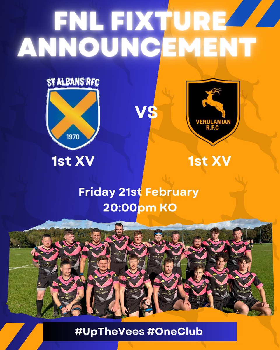 Here we go!

Friday is lining up to be an almighty clash!

<a href="/verulamiansrfc/">Verulamians RFC</a> vs <a href="/StAlbansRFC/">St. Albans RFC</a> 

📍Boggymead
🕣8pm Kick Off

Get down and rally behind the lads!

#UpTheVees 🔵🟡
#Oneclub
#playtogetherstaytogether
#rugby