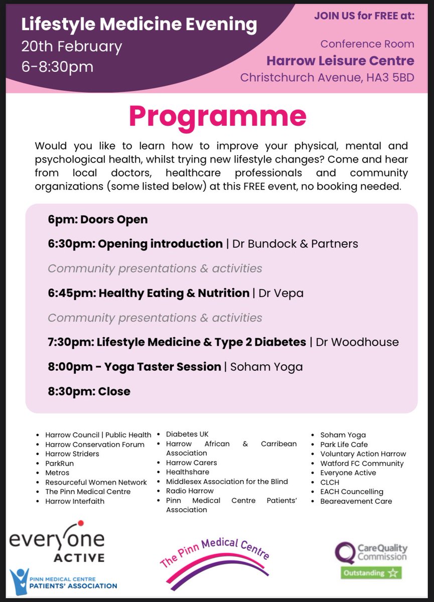 FREE Lifestyle Medicine Evening tomorrow 20th February 6-8:30pm is open to all, at Harrow Leisure Centre, no booking needed! Drop in any time! <a href="/radioharrow/">Radio Harrow</a> <a href="/Imperial_PCPH/">Department of Primary Care & Public Health</a> <a href="/CLCHNHSTrust/">Central London Community Healthcare NHS Trust</a> <a href="/LNWH_NHS/">London North West University Healthcare</a> <a href="/sohamyogaldn/">Soham Yoga London</a> <a href="/harrowstriders/">Harrowstriders</a> <a href="/DiabetesUK/">Diabetes UK</a> <a href="/EveryoneActive/">Everyone Active</a>