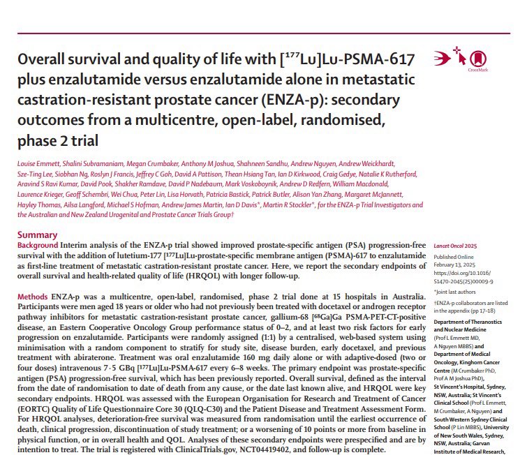 Yüksel Ürün (@dryukselurun) on Twitter photo ENZA-p trial update: Adding Lu-PSMA-617 to enzalutamide improved OS (34 vs 26 mo, HR 0.55) & delayed QoL deterioration in mCRPC.
A strong case for phase 3 trials! #GU25 #cancer #oncology @asco @oncoalert <a href="/TheLancetOncol/">The Lancet Oncology</a> <a href="/DrMHofman/">Michael Hofman</a> <a href="/Prof_IanD/">Ian Davis (Bluesky @profiand)</a>
<a href="/drlouiseemmett/">Louise Emmett</a> ENZA-p trial update: Adding Lu-PSMA-617 to enzalutamide improved OS (34 vs 26 mo, HR 0.55) & delayed QoL deterioration in mCRPC.
A strong case for phase 3 trials! #GU25 #cancer #oncology @asco @oncoalert <a href="/TheLancetOncol/">The Lancet Oncology</a> <a href="/DrMHofman/">Michael Hofman</a> <a href="/Prof_IanD/">Ian Davis (Bluesky @profiand)</a>
<a href="/drlouiseemmett/">Louise Emmett</a>
