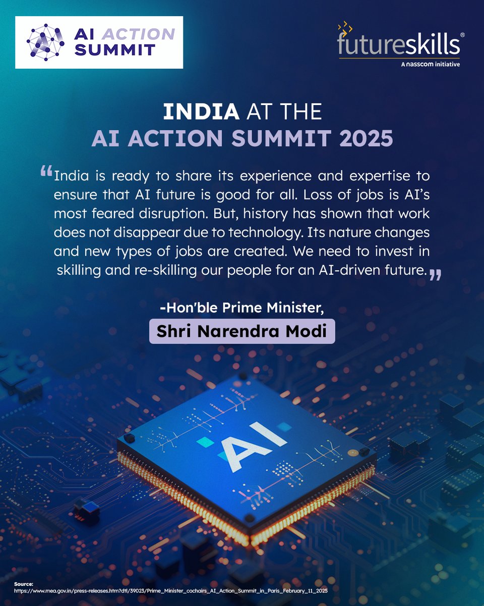 nasscom FutureSkills (@nasscomfs) on Twitter photo At the #AI #ActionSummit2025, Hon’ble Prime Minister Shri <a href="/narendramodi/">Narendra Modi</a> reaffirmed India’s commitment to harnessing AI for #Innovation, #growth & #workforce transformation through continuous #skilling & #reskilling.
#Futureskills #innovations #WorkforceTransformation #paris At the #AI #ActionSummit2025, Hon’ble Prime Minister Shri <a href="/narendramodi/">Narendra Modi</a> reaffirmed India’s commitment to harnessing AI for #Innovation, #growth & #workforce transformation through continuous #skilling & #reskilling.
#Futureskills #innovations #WorkforceTransformation #paris