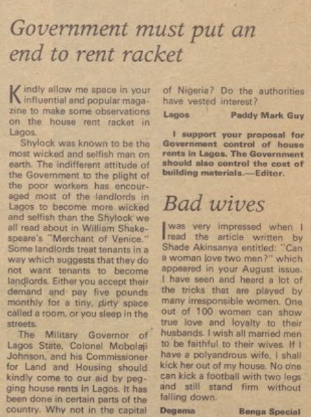 StartArchiving's tweet image. Complaining about outrageous Lagos rent in 2025? Paddy Mark Guy complained about the same thing to DRUM magazine in February 1971.

Visit Archivi.ng for more.