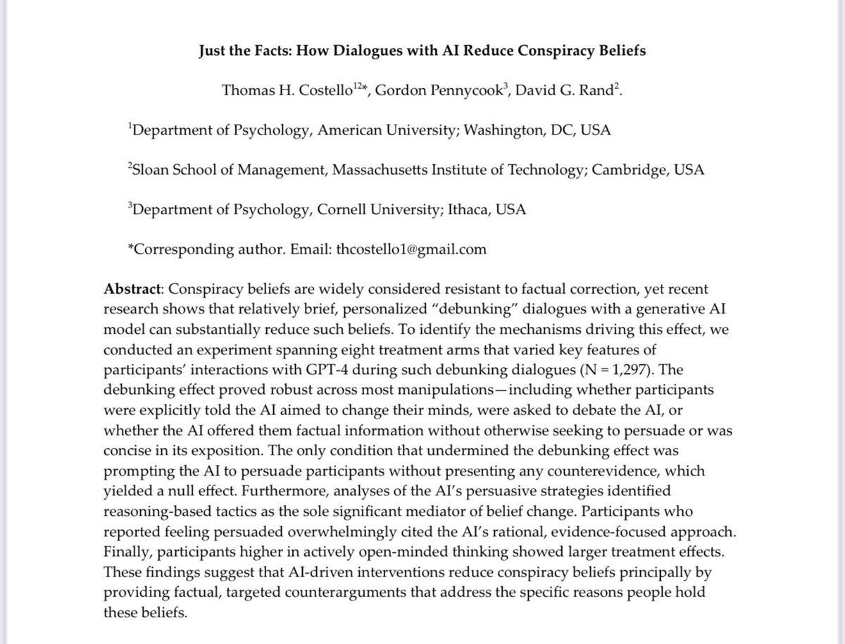 emollick's tweet image. Changing conspiracy theory beliefs is very hard, but a replicated finding shows a short chat with GPT-4 changes people’s belief in conspiracy theories for the long term.
Why? Not tricks, it's that AI provides relevant facts and evidence tailored to each person's specific beliefs