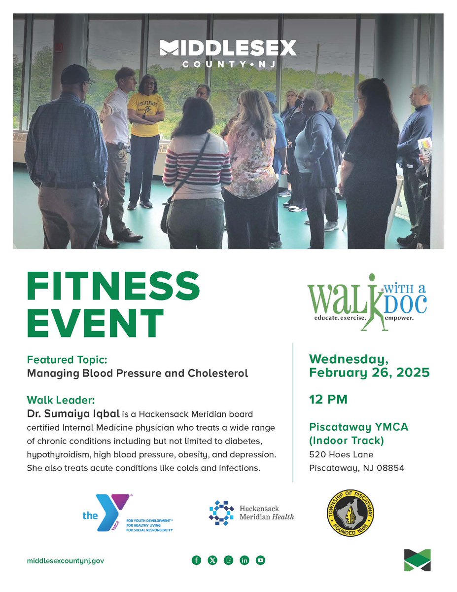 PWAYNJ's tweet photo. In one week! Come #WalkWithADoc and learn about managing blood pressure and cholesterol at the next @MiddlesexCntyNJ-led event with @HMHNewJersey at The YMCA at the #Piscataway Community Center (YPCC) next Wednesday, February 26th at Noon. https://t.co/G56eq00emH