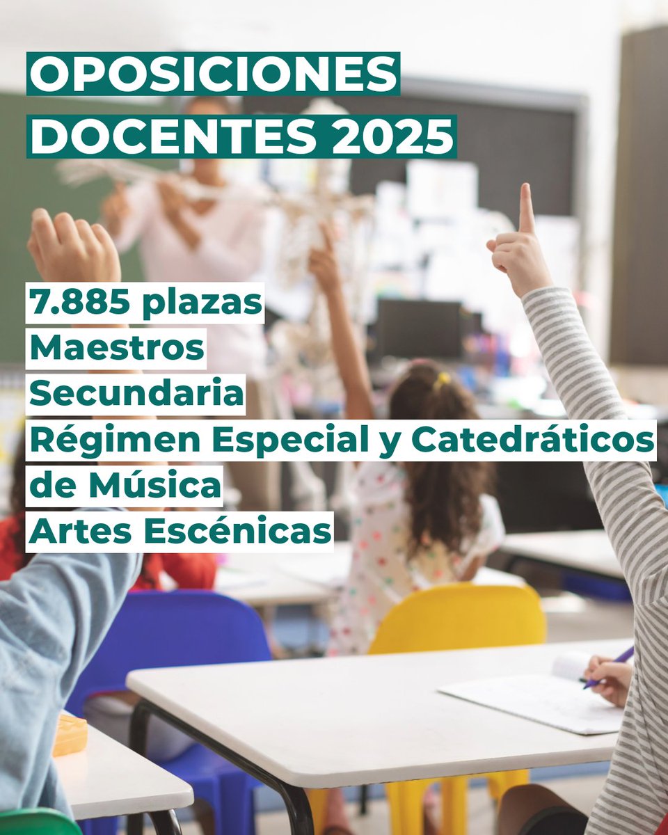 👩‍🏫 <a href="/EducaAnd/">Consejería Desarrollo Educativo y FP</a> convocará este año 7.885 plazas de Maestros, Secundaria, Régimen Especial y Catedráticos de Música y Artes Escénicas.
La semana que viene se publicarán en BOJA las Órdenes de las convocatorias, tras concluir la negociación en Mesa Sectorial.
lajunta.es/5ei6w