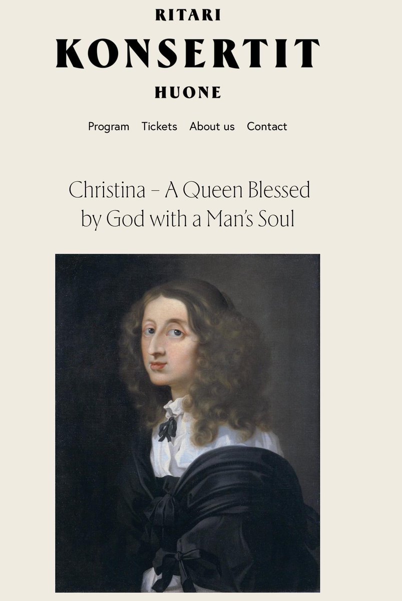 Dr Dustin Neighbors (@historyboy30) on Twitter photo An exciting one-time event mixing history & music! In the House of Nobility! historical concert w/ a play & series of small lectures (w/ brilliant <a href="/Pekpih/">Pihla Pekonen</a>) abt Queen Christina of Sweden. In or near Finland or in Helsinki on 2.3, be sure to attend!
ritarihuonekonsertit.fi/en/program/chr… An exciting one-time event mixing history & music! In the House of Nobility! historical concert w/ a play & series of small lectures (w/ brilliant <a href="/Pekpih/">Pihla Pekonen</a>) abt Queen Christina of Sweden. In or near Finland or in Helsinki on 2.3, be sure to attend!
ritarihuonekonsertit.fi/en/program/chr…