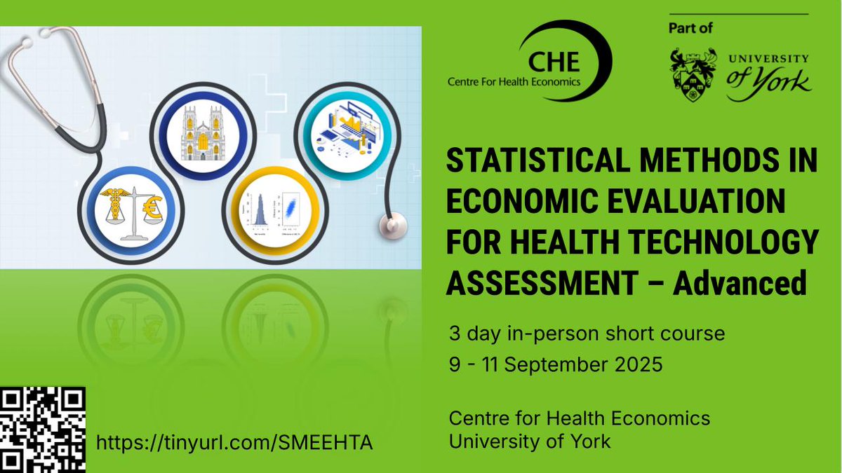 The @CHEYork @UniofYork is delighted to offer its residential 3-day short course on Statistical Methods in Economic Evaluation for Health Technology Assessment: Advanced Course: 9-11 September 2025. Discover more and register at tinyurl.com/SMEEHTA