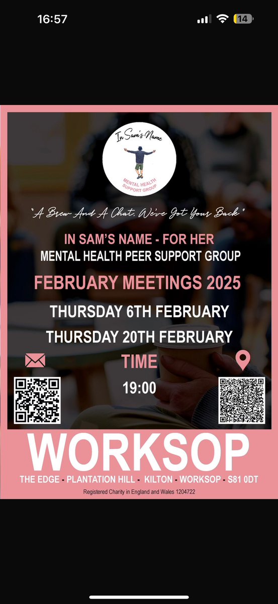 We have our final meet this month for our female group taking place tomorrow. 

In Sam’s Name For Her is a safe place to go and talk, if this group appeals you why not come join the ladies.

#mentalhealth #alreytbod #worksop #worksoptownfc #community #postivity #bassetlaw