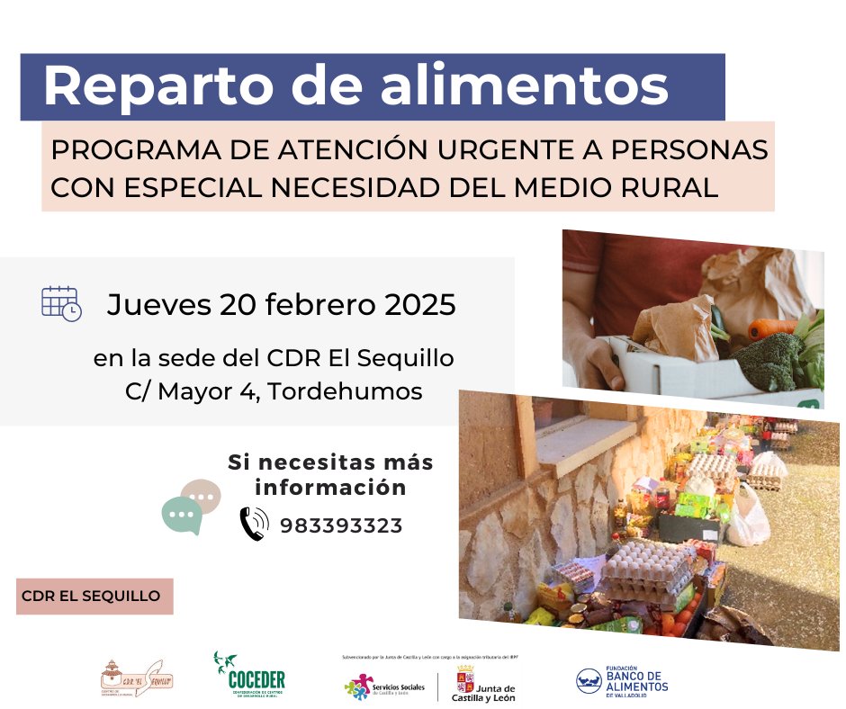 CDR El Sequillo (@cdrsequillo) on Twitter photo 📦Mañana vamos a repartir alimentos desde el programa #AtenciónUrgenteAPersonasEspecialNecesidadMedioRural a las familias menos favorecidas de la zona, gracias a la <a href="/FBAValladolid/">BancoAlimentosVA</a> 🍏🍊🍅
🗓️20 febrero 📍en nuestra sede en #Tordehumos
Subvencionado por <a href="/jcyl/">Junta de Castilla y León</a> con cargo al 0,7% IRPF 📦Mañana vamos a repartir alimentos desde el programa #AtenciónUrgenteAPersonasEspecialNecesidadMedioRural a las familias menos favorecidas de la zona, gracias a la <a href="/FBAValladolid/">BancoAlimentosVA</a> 🍏🍊🍅
🗓️20 febrero 📍en nuestra sede en #Tordehumos
Subvencionado por <a href="/jcyl/">Junta de Castilla y León</a> con cargo al 0,7% IRPF