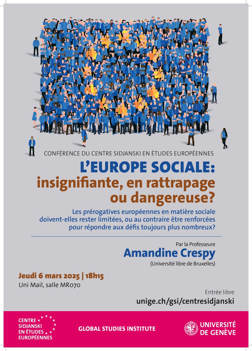 Centre Sidjanski en études européennes (@ccdsee_gsi) on Twitter photo 💡 Les prérogatives européennes en matière sociale doivent-elles rester limitées, ou être renforcées pour répondre aux défis toujours plus nombreux ?
📅 Conférence de la Prof. <a href="/CrespyAmandine/">Amandine Crespy</a>, jeudi 6 mars en salle M R070 à 18h15.
👉 @centresidjanski.bsky.social 💡 Les prérogatives européennes en matière sociale doivent-elles rester limitées, ou être renforcées pour répondre aux défis toujours plus nombreux ?
📅 Conférence de la Prof. <a href="/CrespyAmandine/">Amandine Crespy</a>, jeudi 6 mars en salle M R070 à 18h15.
👉 @centresidjanski.bsky.social
