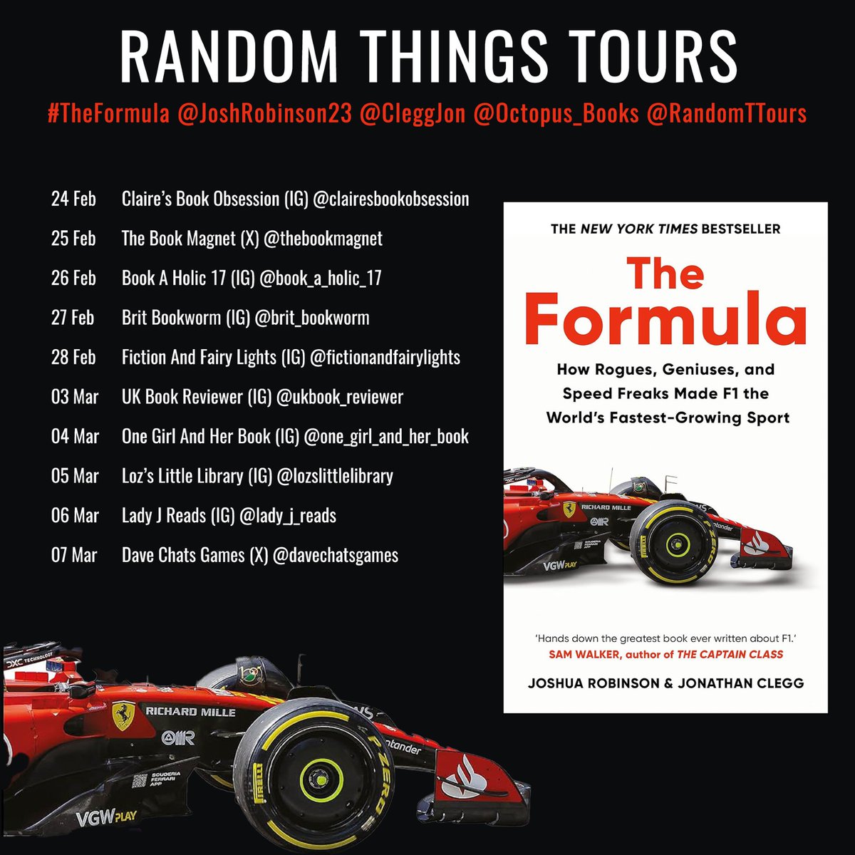 Random Things Tours ๐บ๐ฆ (@randomttours) on Twitter photo Fabulous #RandomThingsTours Blog Tour for PB release of #TheFormula by <a href="/JoshRobinson23/">Joshua Robinson</a> <a href="/CleggJon/">Jonathan Clegg</a> with <a href="/Octopus_Books/">Octopus Publishing</a>
Begins 24 Feb Fabulous #RandomThingsTours Blog Tour for PB release of #TheFormula by <a href="/JoshRobinson23/">Joshua Robinson</a> <a href="/CleggJon/">Jonathan Clegg</a> with <a href="/Octopus_Books/">Octopus Publishing</a>
Begins 24 Feb