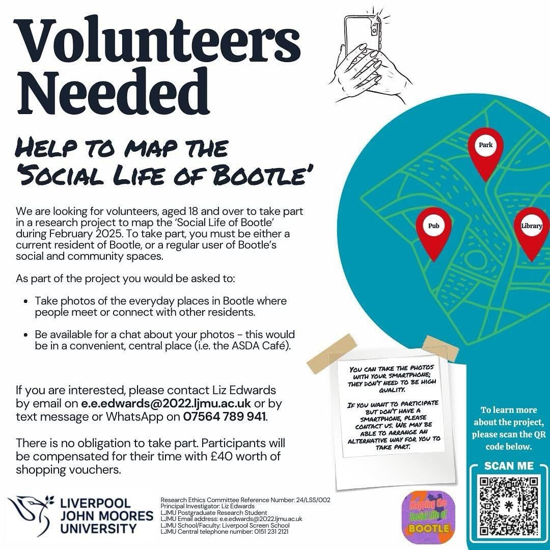 Can you help Liz with her phd research about how people use Bootle’s social &amp; community spaces &amp; you could get a £40 shopping voucher for your time! 

This is an opportunity to contribute to research while capturing &amp; sharing snapshots of Bootle's community spaces