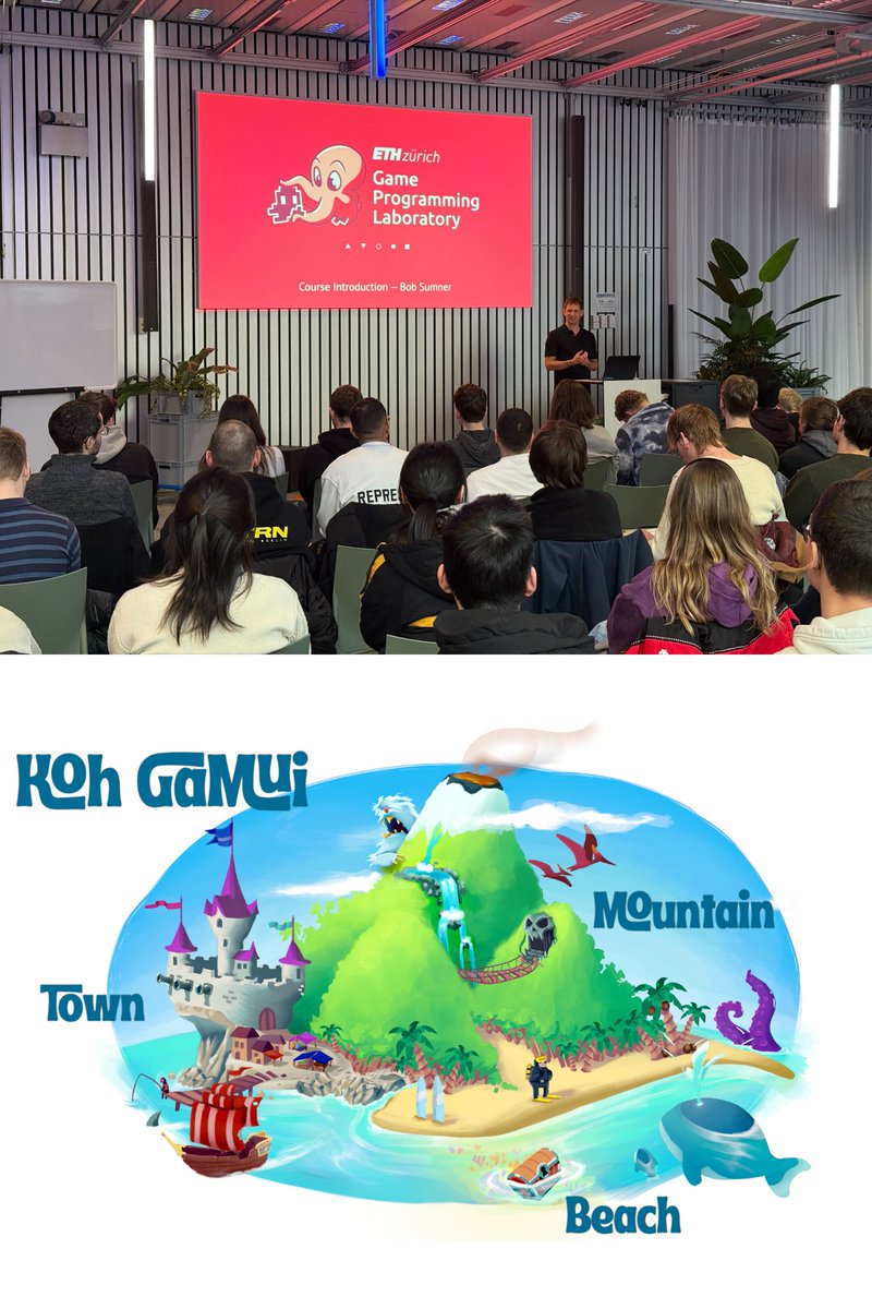 The 19th ETH Game Programming Lab started yesterday with 100+ students! We're excited to see the creative games they'll develop. This year's theme: the mythical island of Koh Gamui! The students are divided into three groups, each focusing on a different part of the island.