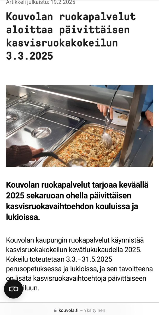 Mahtavaa, että Kouvolan kouluissa pyritään edistämään kestävää kehitystä, eettistä ja terveellisiä ruokailutottumuksia. 🍽️🌱

Kunpa @helsinkikin tarjoaisi joka päivä kasviperäisen toisena vaihtoehtona, joka EI ole maustamaton ja gluteeniton allergiaruoka.
kouvola.fi/ajankohtaiset/…