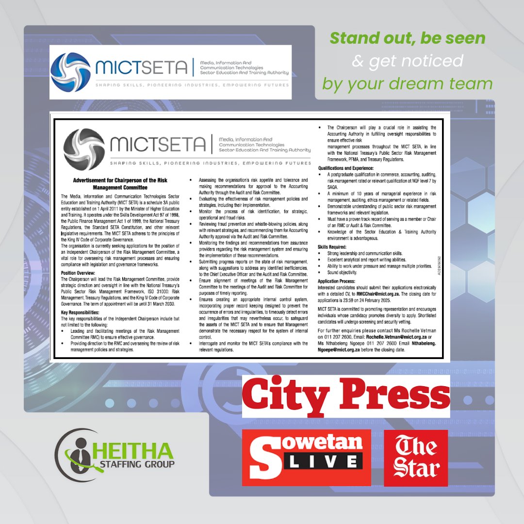 Get your brand &amp; job openings seen! We showcases your company on top platforms like Sowetan Live, The Star &amp; more!

📩 Contact us: heitha.co.za | info@heitha.co.za | 012 443 6459 | WhatsApp: 061 521 2473
#HeithaStaffingGroup #JobSpotlight #HiringMadeEasy #PerfectFit