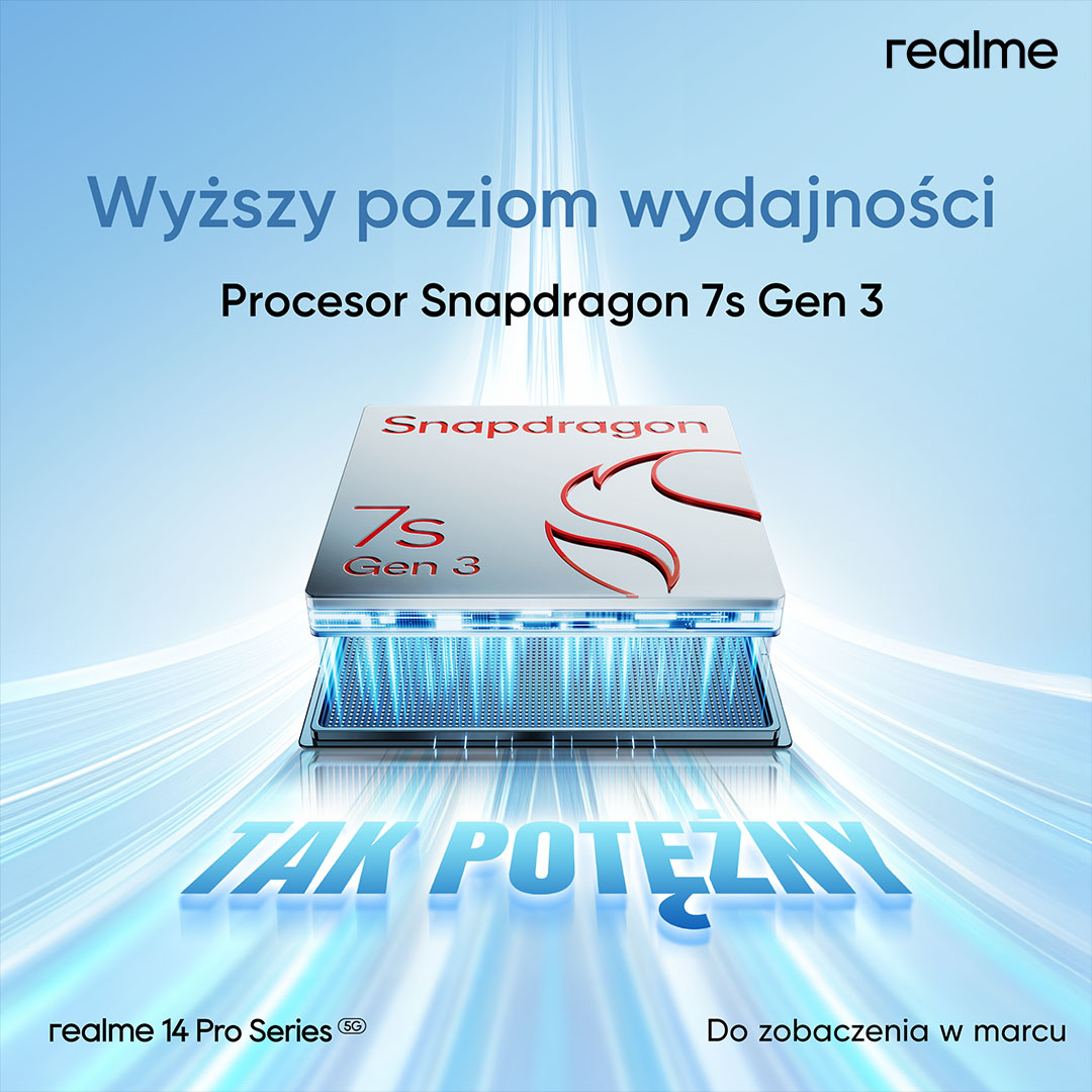realmepolska's tweet photo. Więcej mocy, mniej czekania. Odpalasz, klikasz, działa. Tak po prostu. Snapdragon 7s Gen 3 robi to, co chcesz – zanim jeszcze pomyślisz.💪#realme14ProSeries  #1stColdColorChangePhone #realme https://t.co/HfaUqlBqn4