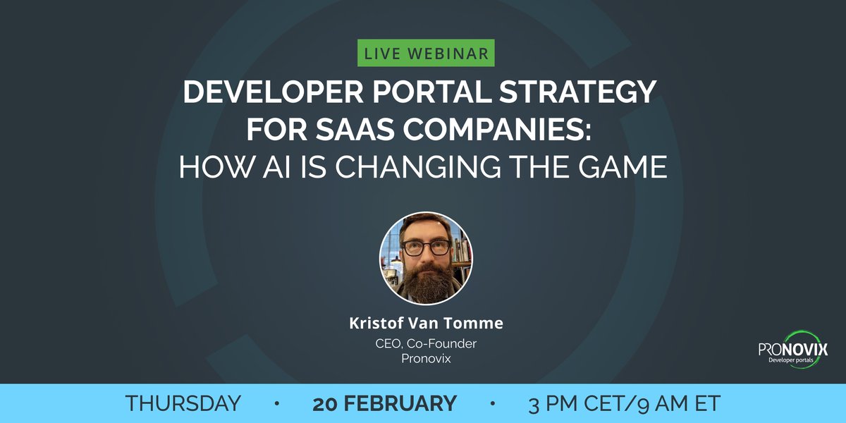 pronovix (@pronovix) on Twitter photo ๐ Tomorrow at 3 PM CET | 9 AM ET, @kvantomme is hosting a strategy #webinar on #SaaS companies and their #API #developerportals โ how #AI is reshaping their architecture and what that means for their roadmap and near future.
Join us for this free session
pages.insightly.services/pronovix_webinโฆ ๐ Tomorrow at 3 PM CET | 9 AM ET, @kvantomme is hosting a strategy #webinar on #SaaS companies and their #API #developerportals โ how #AI is reshaping their architecture and what that means for their roadmap and near future.
Join us for this free session
pages.insightly.services/pronovix_webinโฆ