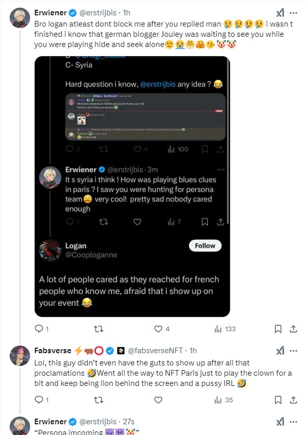 You guys are killing me! Should I ask for screenshots of you begging my French friends for information, worried that I'll show up with others to your lame party ?

What a bunch of clowns

<a href="/fabsverseNFT/">Fabsverse</a> trust me i taged you several times here and i will meet you within a second <3