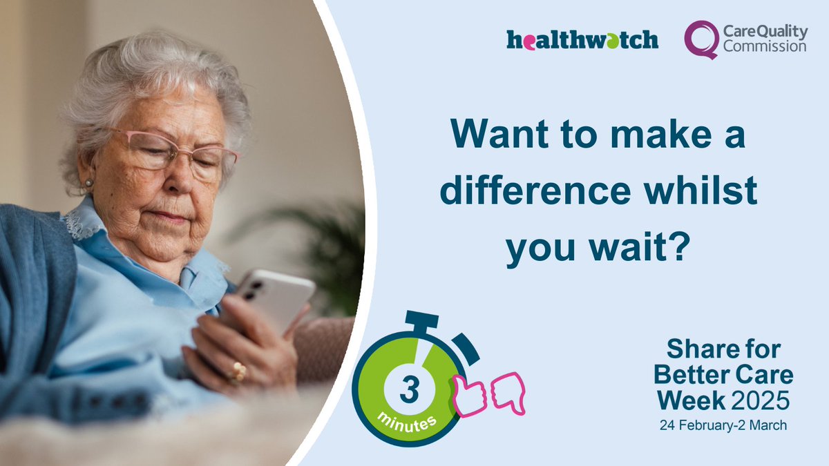 The average person spends 18 minutes of their day waiting or with nothing else to do...
Use just 3 of those minutes to share feedback about your health and social care services and help make care better for everyone.   #ShareForBetterCare healthwatchislington.co.uk/share-your-vie…
