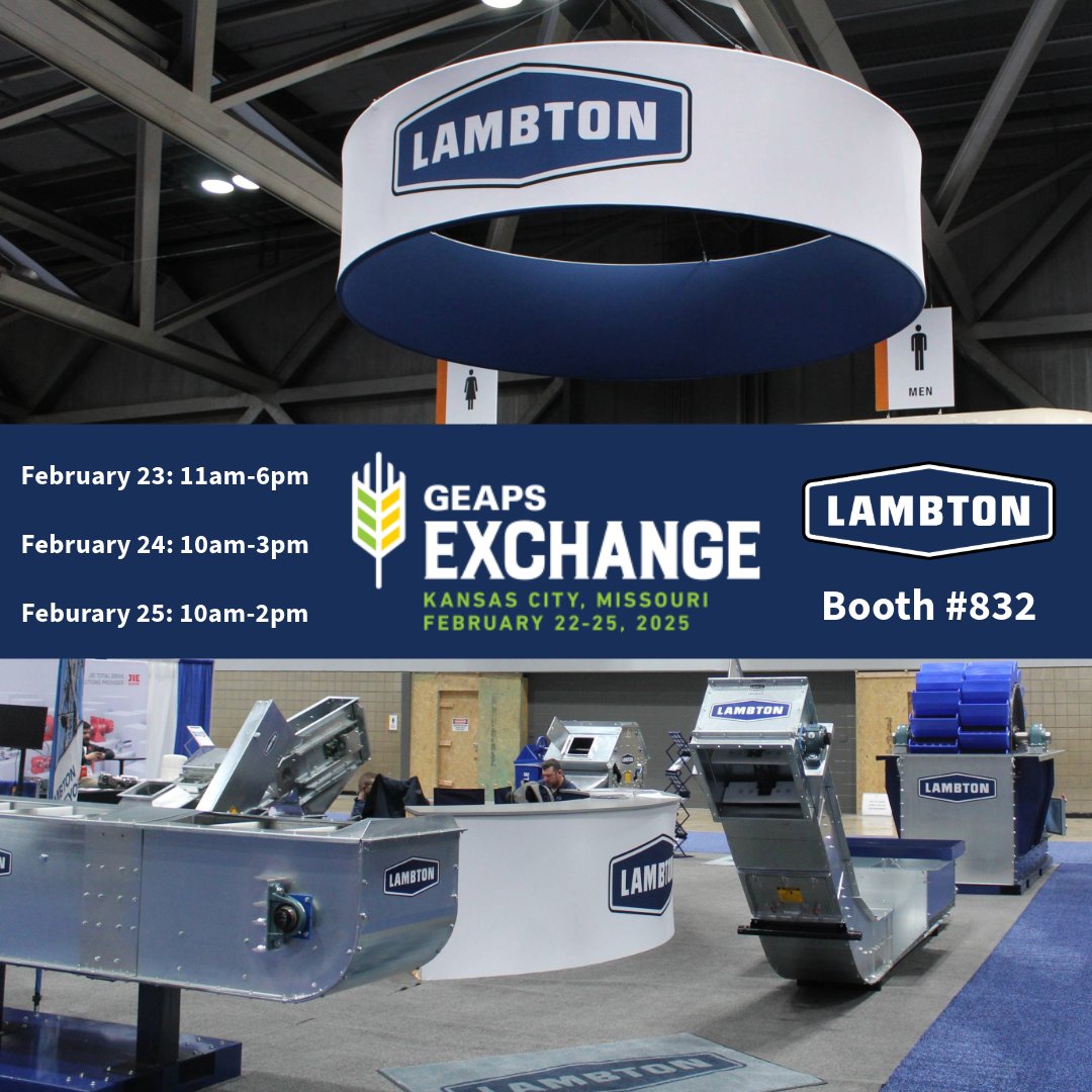 ConveyorLambton's tweet photo. The next stop of tradeshow season: GEAPS Exchange in Kansas City!
We'll be in booth #832 from Sunday to Tuesday ready to talk about all of your grain handling needs. Don't have your passes yet? Contact your Lambton rep and we'll give you a code for 50% off registration!
#GEAPS https://t.co/yQ63RAEQfl