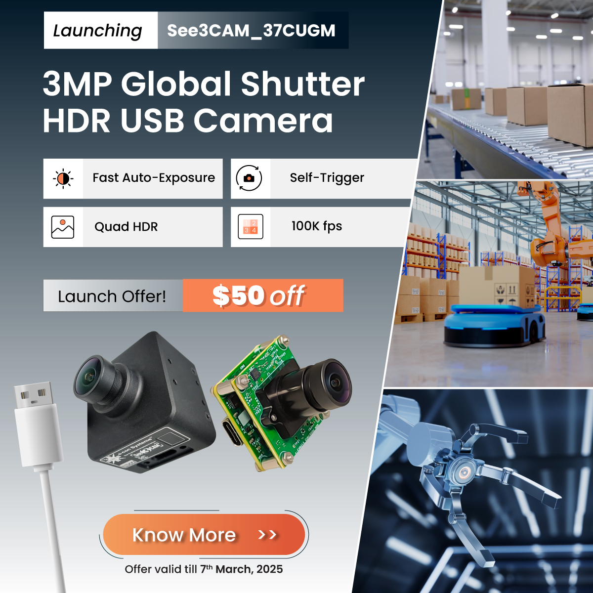 🚀 Introducing See3CAM_37CUGM: A 3.2MP HDR Global Shutter USB 3.0 camera with Sony® IMX900 sensor for motion-blur-free imaging!

🔹 Key Features:

Quad HDR (120dB)
Fast Auto-Exposure
Self-Trigger
Up to 100,000 fps
Global Shutter

e-consystems.com/usb-cameras/so…