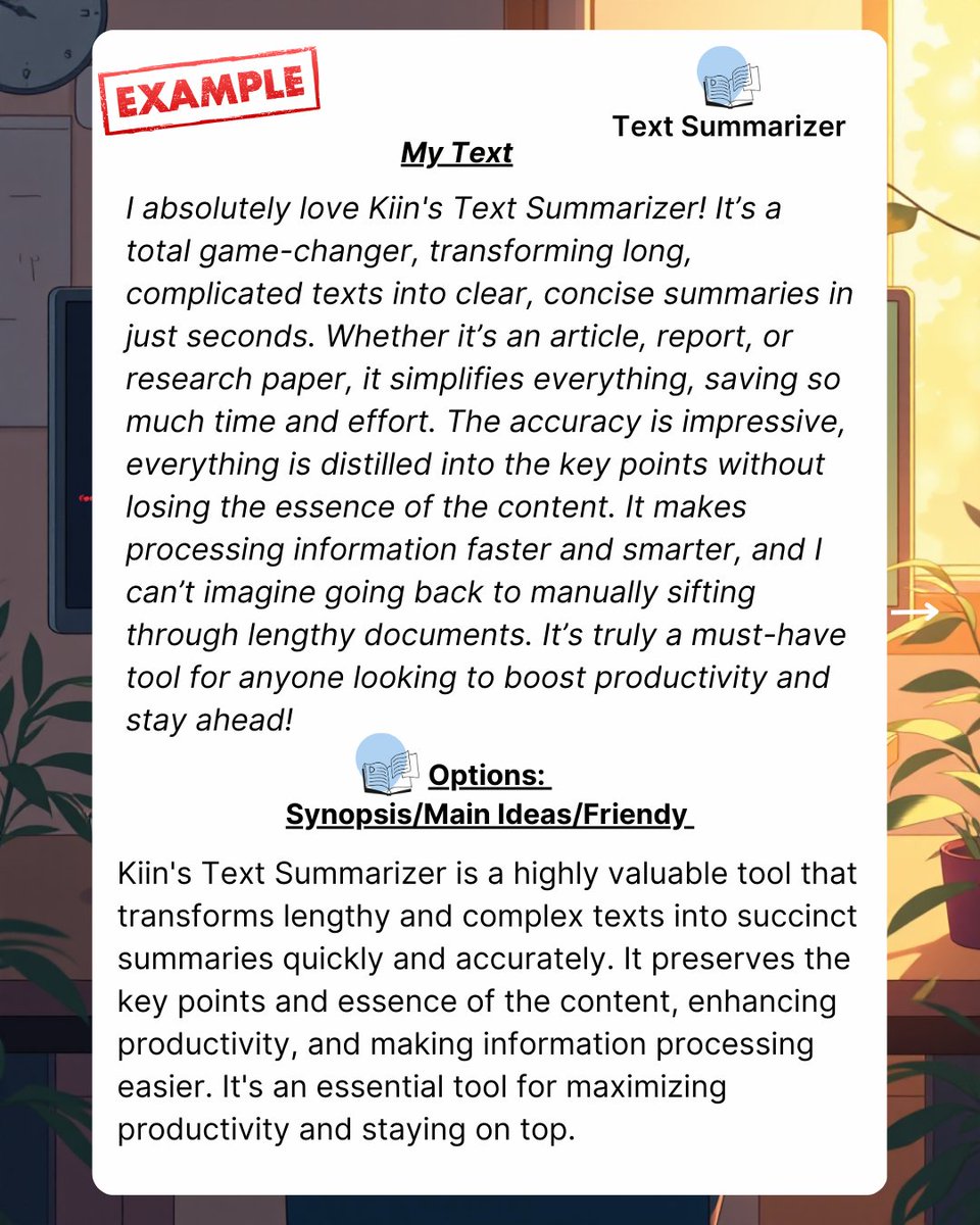 Kiin_AI's tweet image. 🚀 Need to simplify long texts? Kiin’s Text Summarizer has got you covered!
Try it now 👉 kiin.ai/text-summarizer
#TextSummarizer #KiinTextSummarizer #AIpowered #ProductivityBoost #KiinAI #EffortlessReading #SmartSummaries #kiin