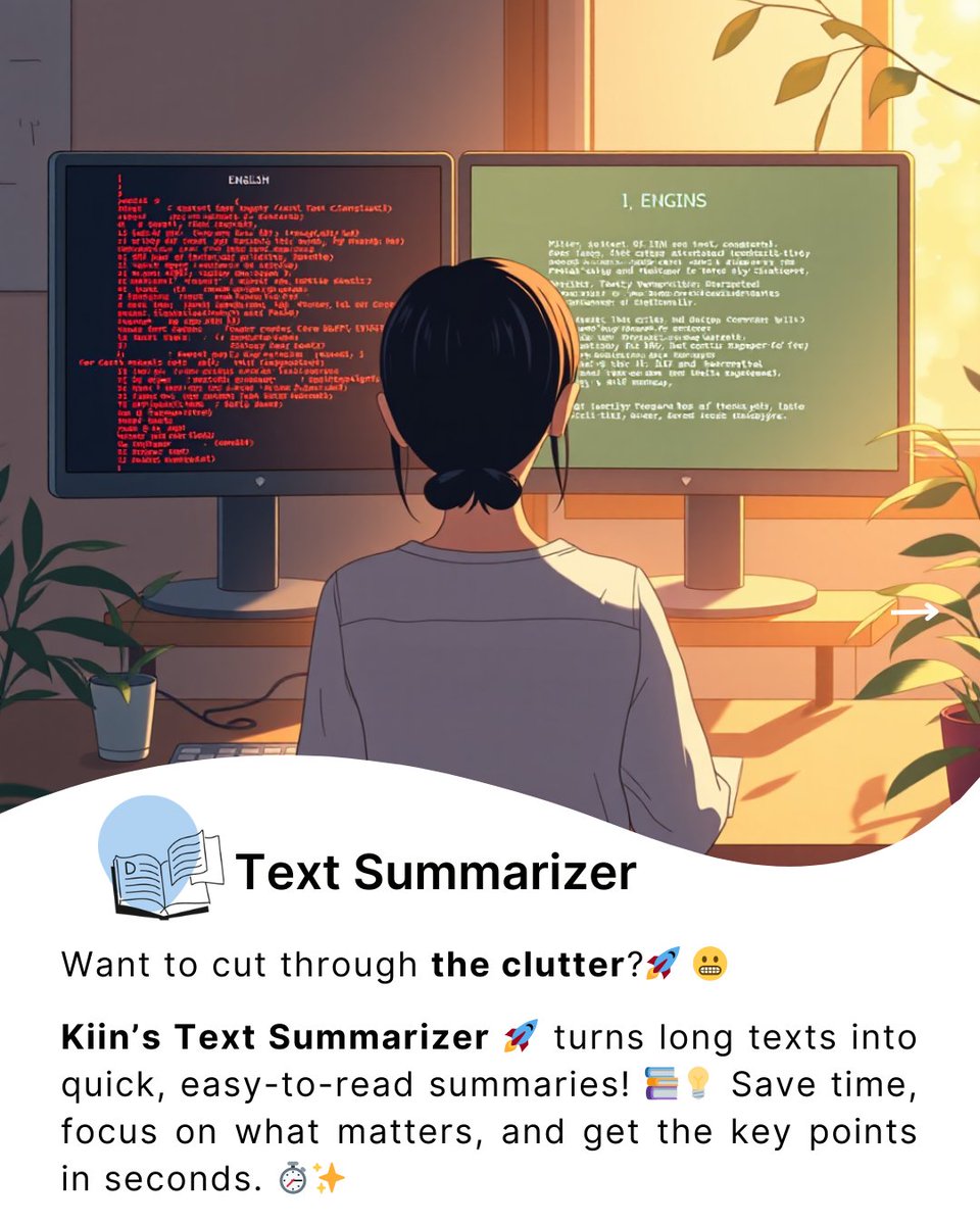 Kiin_AI's tweet image. 🚀 Need to simplify long texts? Kiin’s Text Summarizer has got you covered!
Try it now 👉 kiin.ai/text-summarizer
#TextSummarizer #KiinTextSummarizer #AIpowered #ProductivityBoost #KiinAI #EffortlessReading #SmartSummaries #kiin