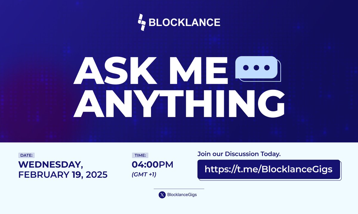 Blocklancers, it's AMA time! 🎙️

Join us today at 3PM UTC for an exclusive AMA on "WHAT IS NEXT FOR BLOCKLANCE." 🔥

We’ll be discussing upcoming features, $BLK utility, partnerships, and what’s next for the platform. Don’t miss it!

🗓️ Date: Today
⏰ Time: 3PM UTC
📍 Where:
