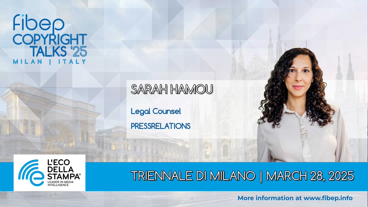 Join Sarah Hamou at Copyright Talks'25 in Milan!
March 28, 2025 | Triennale di Milano, Italy.
Sarah, a legal expert in international and European law, brings seven years of experience in media law, copyright, and compliance. 
Register today:
fibep.info/copyright-talk…