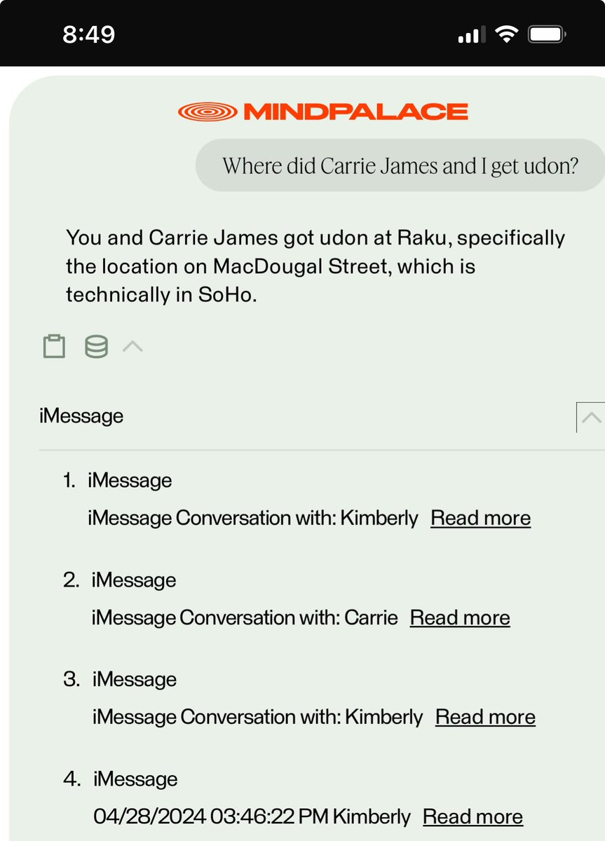 Search on iMessage sucks…thankfully I can search that same data in <a href="/mindpalaceai/">MindPalace</a> and actually find what I need 🍜