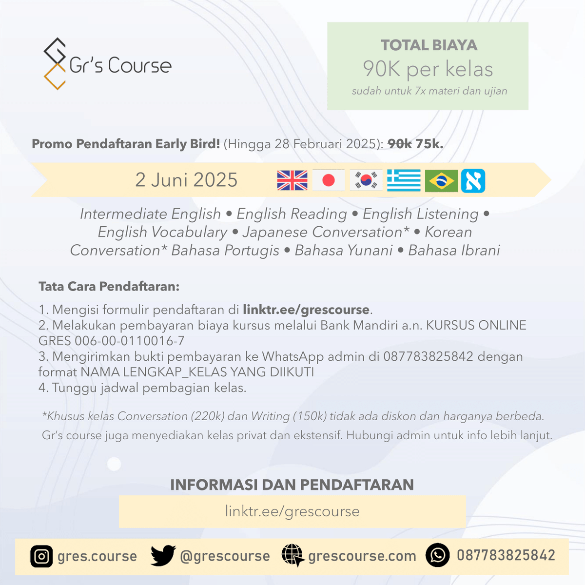 erlanishere's tweet photo. Aku buka kelas bahasa asing terjangkau sesi Maret 2025 😁
- English Convo
- Jepang
- Prancis
- Italia
- English Grammar
- Business English
Belajar via Google Classroom, Zoom, Grup WA. Biayanya cuma 90k untuk 2 bulan belajar (Convo: 220k).
Daftar: https://t.co/EzRfG3f4cD https://t.co/C6Xgr2uUzn