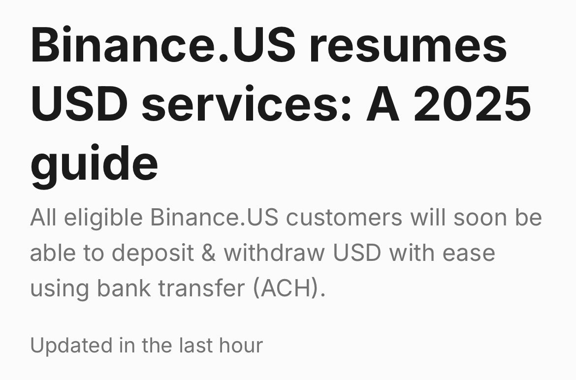 JUST IN: 🇺🇸 Binance US resumes USD deposits and withdrawals for the first time since February 13, 2023.