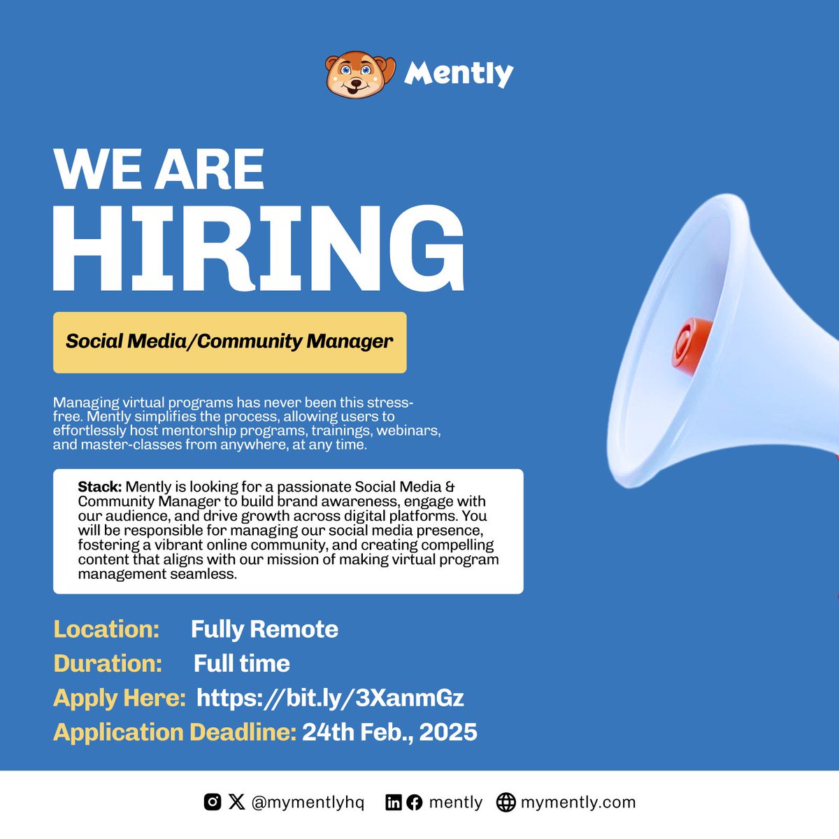 We are Hiring 📢 

Mently is looking for a passionate Social Media &amp; Community Manager to build brand awareness, engage with our audience, and drive growth across digital platforms. You will be responsible for managing our social media presence, fostering a vibrant  community,
