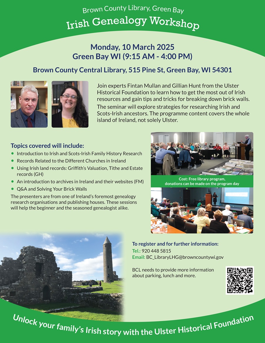 We can't wait to be back with our friends in #GreenBay, #Wisconsin on 9 &amp; 10 March for a FREE #IrishGenealogy seminar and 1-to-1 consultations (fee)

ulsterhistoricalfoundation.com/events-courses… to book a consultation
and  email
BC_LibraryLHG@browncountywi.gov
or call 920 448 5815 to book the seminar