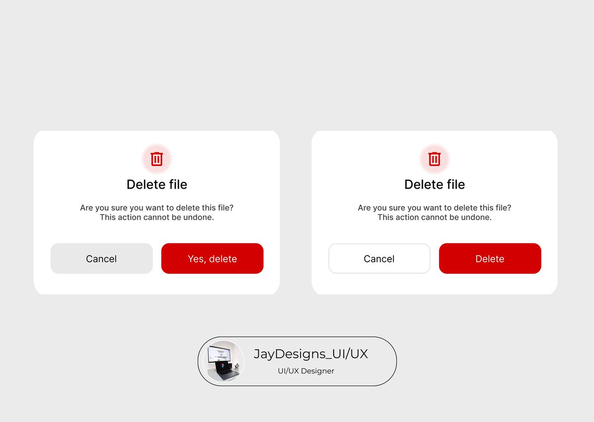 uiux_jay's tweet image. Which delete confirmation UI do you prefer? 🚀

🔴 Left: 'Yes, delete' with a solid gray cancel button
⚪ Right: 'Delete' with a minimal outlined cancel button

Drop your choice in the comments! ⬇️ #UIDesign #UX #DesignChoice