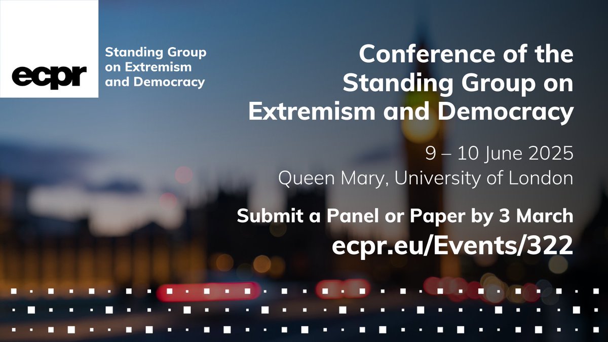 ✨ NEW <a href="/ecpr_ed/">ECPR SG Extremism & Democracy</a> Conference ✨ offers a timely opportunity to discuss challenges and historical patterns of #populism and #radicalism
✔️ Features nine thematic sections ecpr.eu/Events/Academi…
📆 9–10 Jun <a href="/QMPoliticsIR/">Queen Mary Politics and IR</a> 🇬🇧
⏰ Submit a Panel or Paper by 3 Mar ecpr.eu/Events/322