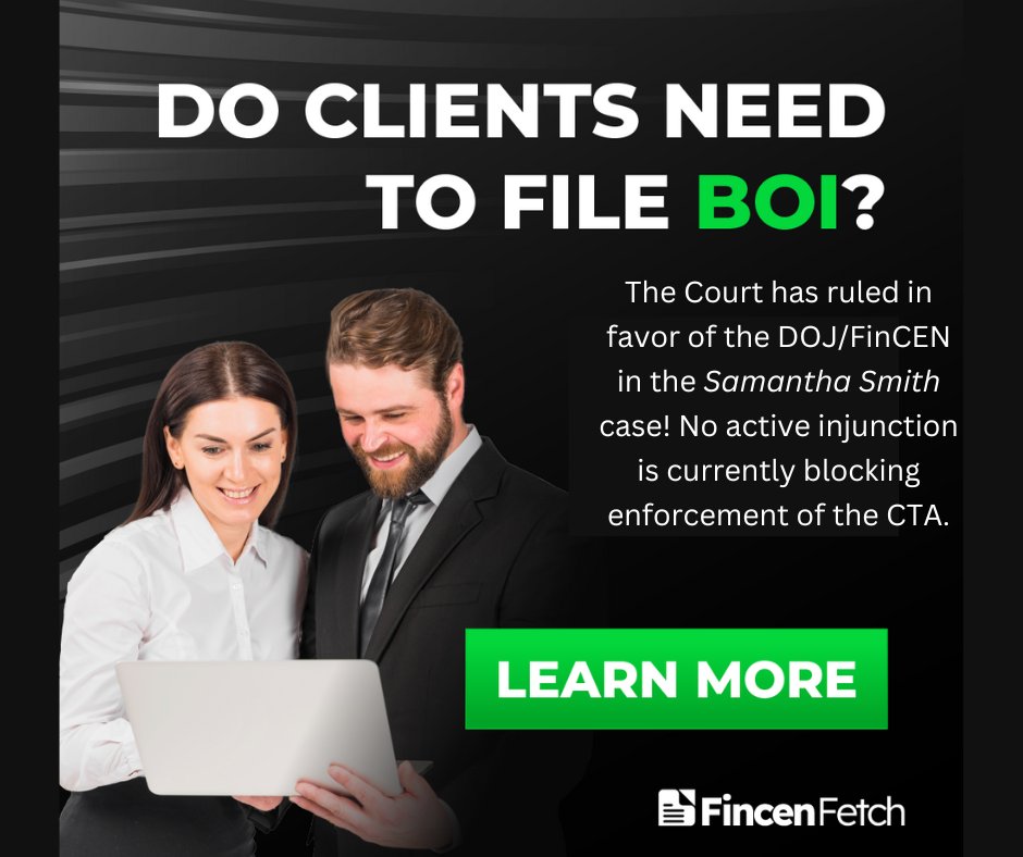 fincenfetch's tweet photo. The U.S. District Court for the Eastern District of Texas has granted the government's motion for stay pending appeal in the Smith matter. The Court has cited the Supreme Court decision to stay the preliminary nationwide injunction in the Texas Cop Shop matter as precedent for their decision. FinCEN has previously stated they will likely issue a 30 day extension for all entities impacted the injunction.  Be prepared!  https://t.co/bnNCvb85Fx