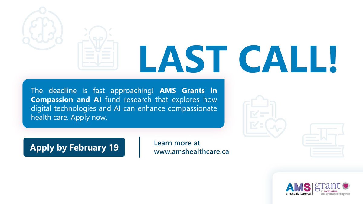 AMS Healthcare (@amshealthcare) on Twitter photo 🚨 Last call! Only a couple hours left!
Today is the last day to submit your application for the 2025 AMS Grants. Submissions officially close at 5 pm (ET).
Apply now at <a href="/OSSUtweets/">OSSU Tweets</a>:
buff.ly/3t0N8Bo 🚨 Last call! Only a couple hours left!
Today is the last day to submit your application for the 2025 AMS Grants. Submissions officially close at 5 pm (ET).
Apply now at <a href="/OSSUtweets/">OSSU Tweets</a>:
buff.ly/3t0N8Bo