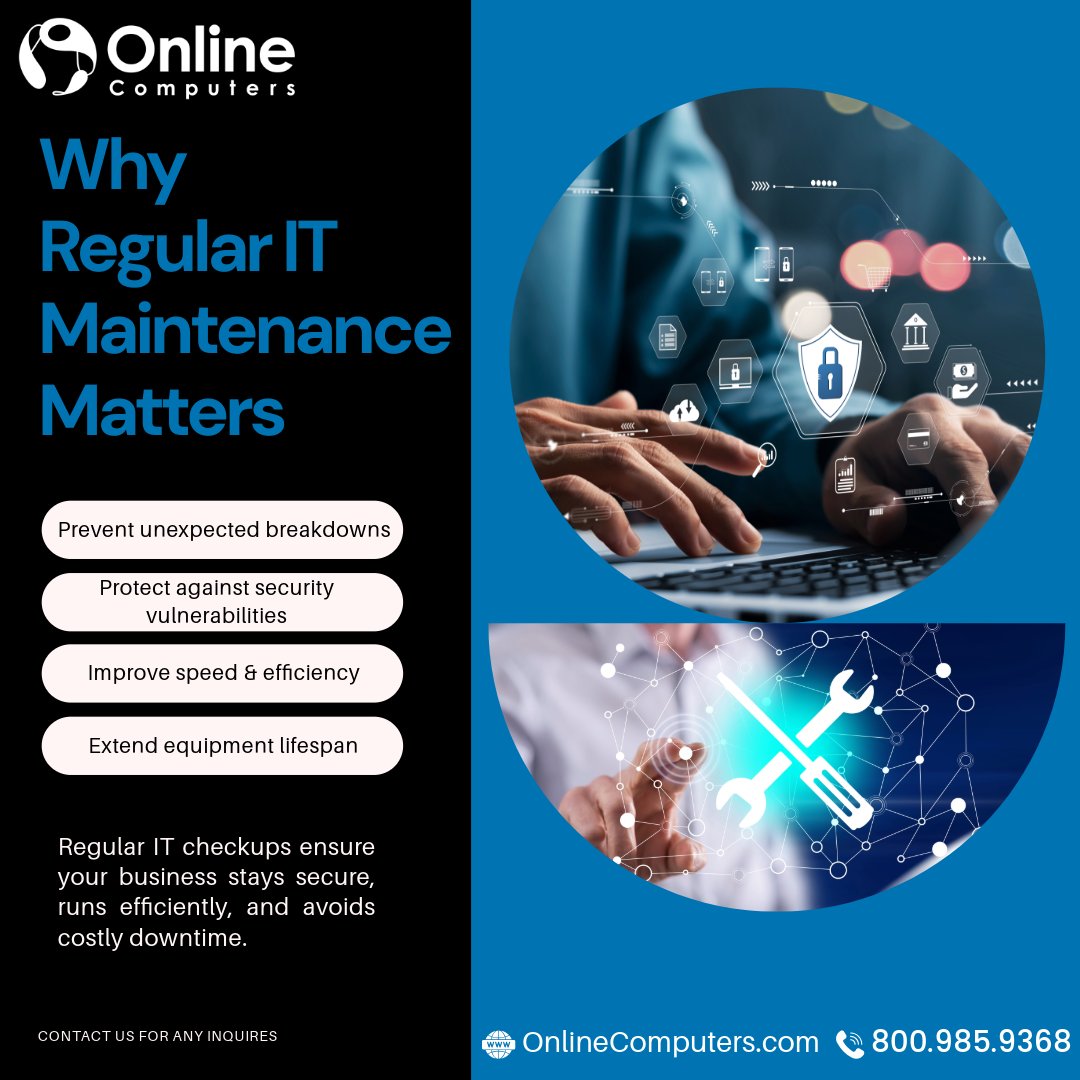 onlinecomputers's tweet image. Would you drive your car without regular maintenance? 🚗🔧 No? Then don't neglect your IT systems! 💻🔧 Just like a car, your business tech needs regular checkups to stay secure, efficient, and running smoothly.
1l.ink/65CQG55
#ITMaintenance #OnlineComputers #TechHealth