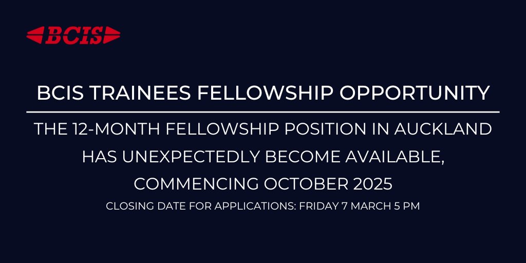 The 12-month fellowship position in Auckland has unexpectedly become available, commencing October 2025. Applications close Friday 7th March at 5 PM. Find out more and apply here; bcis.org.uk/news/bcis-trai…