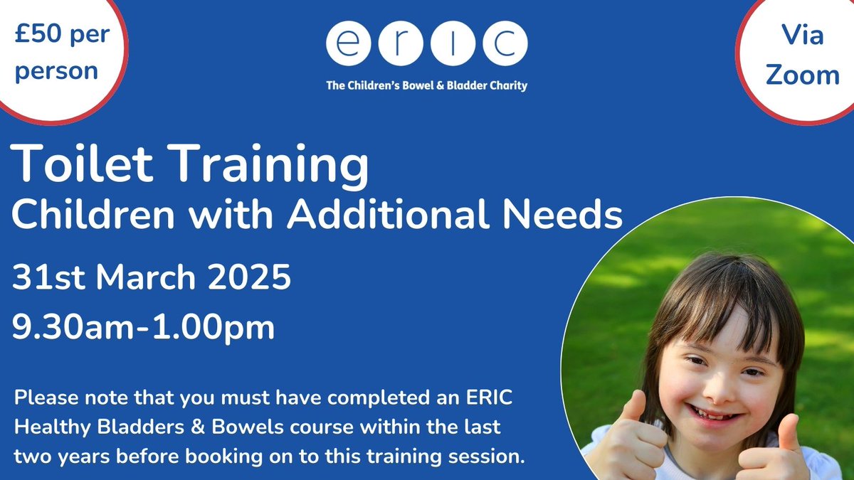 Are you a Healthcare Professional and like to know more about supporting children with additional needs with their bladder &amp; bowel health?

Explore the importance of assessment of bladder &amp; bowel health &amp; readiness for toilet training.

Book now: eric.org.uk/professionals/…
#Health