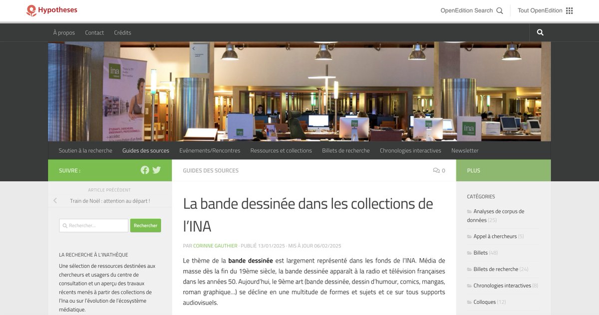 💬 #VendrediLecture | #BD

🔶 « La #BandeDessinée dans les collections de l’INA » : le riche dossier recensant les #Ress_Num de l’ <a href="/Inafr_officiel/">INA.fr</a> s’enrichit de nouvelles références

Dossier en ligne 👉 inatheque.hypotheses.org/45282
Dossier au format PDF 👉 inatheque.fr/medias/inatheq…