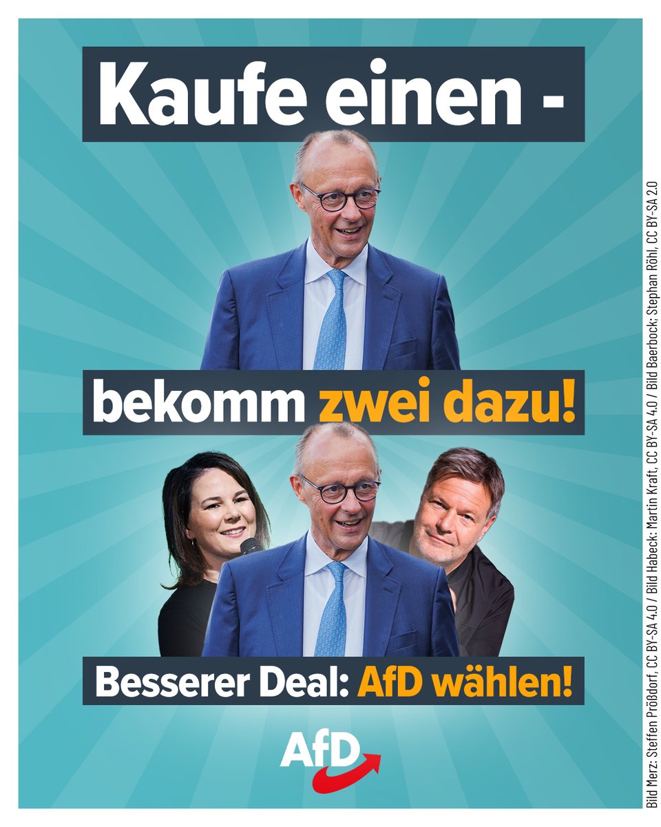 Wer CDU wählt, wählt grün. Daran besteht seit Merz' Ankündigung, mit den Grünen in Koalitionsverhandlungen zu gehen, kein Zweifel mehr. Die Union wird keine ihrer Positionen umsetzen können - keinen Grenzschutz, keine Abschiebungen, keine Politik für Deutschland. Deshalb AfD!