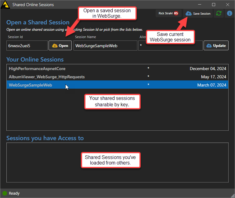 WebSurge1's tweet photo. The signature feature of v3  is Shared Online Sessions, which let you to save Http sessions online and share them with others.

WebSurge has always supported sharing via files or source control but shared sessions allow for quick changes  shared between users. https://t.co/X3ffjVQpYG