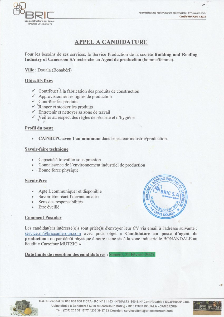 bric_cm's tweet photo. [ BRIC RECRUTE ]

Poste : Agents de Production (03)
NB : Les dépôts de candidatures se font soit à service.rh@briccameroun.com ou par dépôt physique à notre usine sis à la zone industrielle de BONANDALE au lieu dit Carrefour Mutzig 

Délai de dépôt des candidatures : 22/02/2025 https://t.co/1J72Skdsab