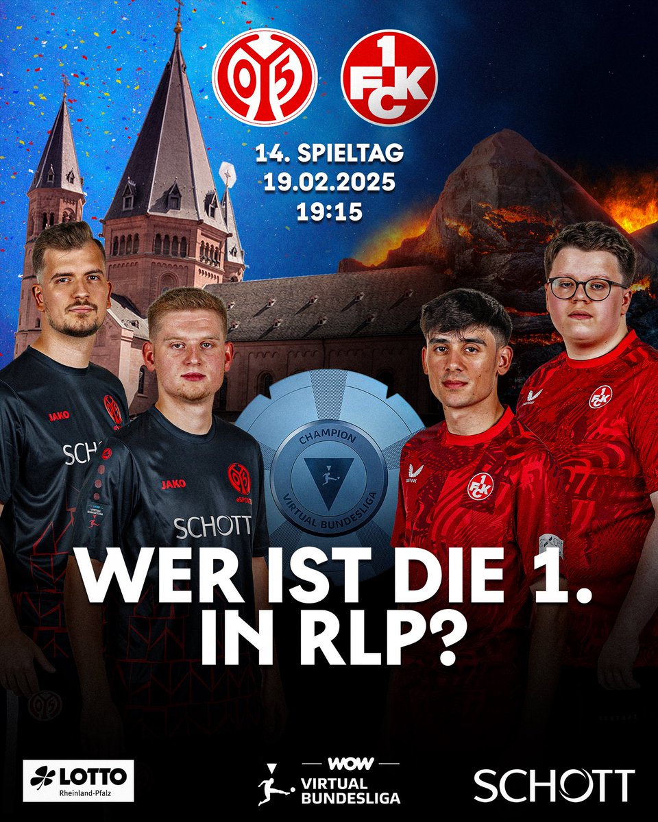 Derbytime 🔥‼️
Wer ist die 1. in RLP?

📺 19:00 Streamstart
⏰ 19:15 Anstoß

Alle Matches werden auf unserem Twitch Kanal live übertragen 📲

#Mainz05 #VBLCC